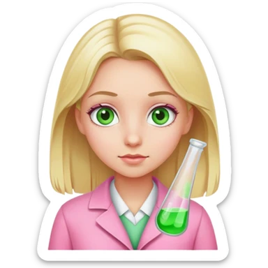 blonde girl with green-grey eyes, dressed in pink clothes, chemist sticker