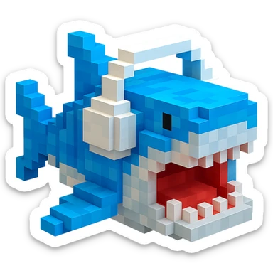 voxel style shark with white headphones, open mouth, blocky, blue and silver, no background sticker