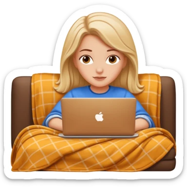 A white girl lies on a sofa under a blanket with a laptop sticker