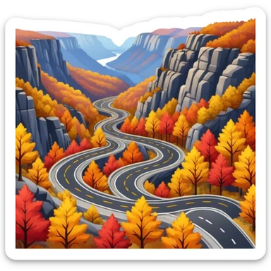 A winding asphalt road through the blue mountains and autumn colored trees sticker