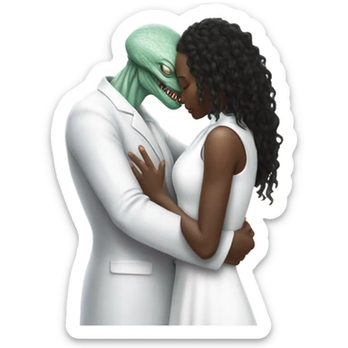 Alien reptilian woman in white dress hugs and kissing "white male human man" sticker