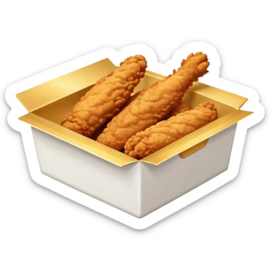 a frontal rectangular white box with no lid, filled with crispy fried chicken fingers sticker