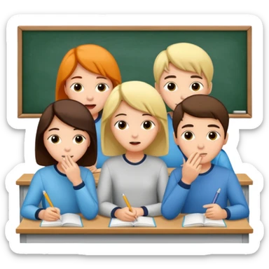 a group of students of both genders (boy and girl) talking quietly in a classroom sticker