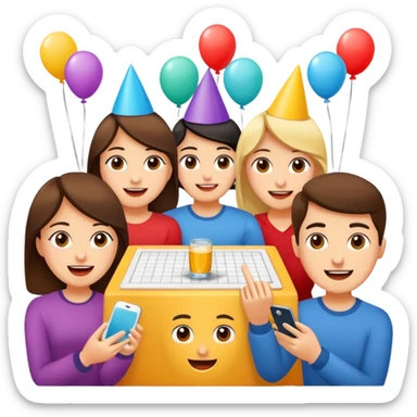 Party quiz with happy people with no phone writing blocks empty eyes sticker