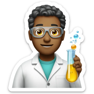 A male scientist wearing lab goggles and holding a test tube sticker