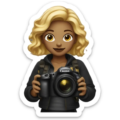 women photographer wearing black light skin with honey colored blonde hair holding a camera canon sticker