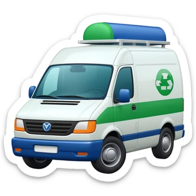 a white modern delivery van with green and dark blue color on the side.  sticker