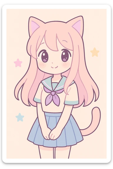 cute anime cat girl, long flowing hair, shy smile, cat tail, school uniform, soft lighting sticker