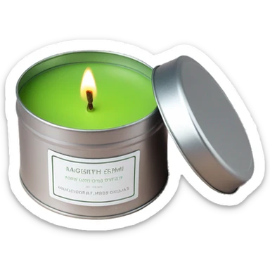 matcha scented candle in a silver tin with a small white label realistic sticker