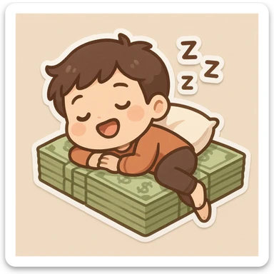 happy person napping on mattress of money sticker