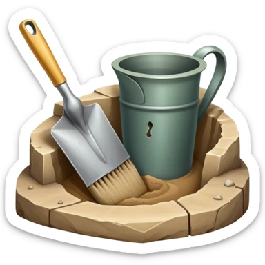 An icon showing an archaeologist’s tools: a trowel, brush, and a partially uncovered ancient artifact like a vase or tablet. The design includes a sandy excavation site with ruins in the background, symbolizing the discovery of past civilizations. Transparent background  sticker