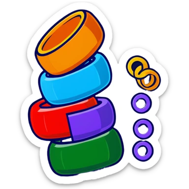 Children's stacking rings toy with red, orange, yellow, green, light blue, dark blue, and purple rings on a post in rainbow order sticker