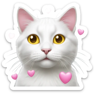 Realistic White cat with yellow eyes, pink hearts over head  sticker