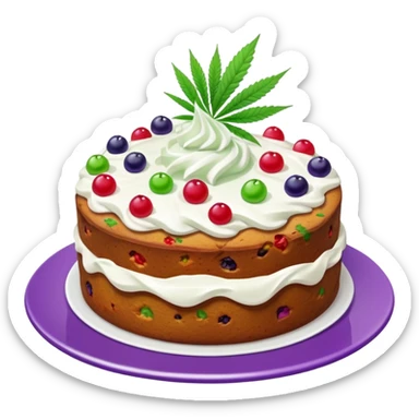 colorful frosted fruit cake with cannabis leaf on a plate sticker