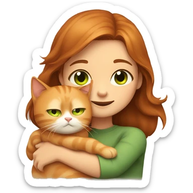 brown-haired girl with green eyes hugs a ginger cat sticker