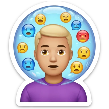 Realistic emoji-style man trapped inside a glowing filter bubble. The bubble contains identical social media icons and repeating content symbols. Outside the bubble are colorful diverse icons he cannot see. The man looks comfortable but unaware, expressing narrow perspective. sticker
