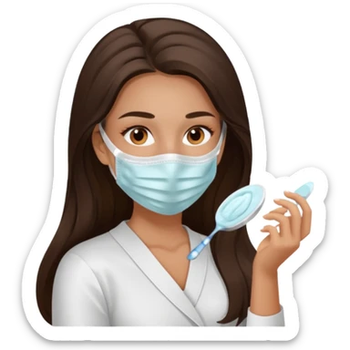 brunette girl with beautiful brown eyes and long hair, doing skincare, face mask sticker