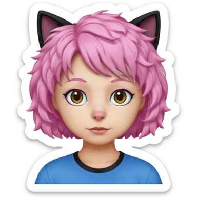 a Black cat wearing a short curly pink hair wig, blue T-shirt sticker