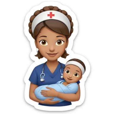 Female nurse smiling wearing no hat with her hair tied up in a roll on the top front of head with medium brown skin and brown eyes holding one new born with navy blue short sleeves sticker