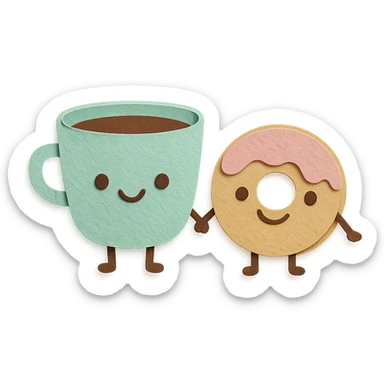 cute coffee cup and donut holding hands, smiling faces, soft pastel kawaii style, transparent background sticker