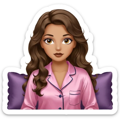 Woman with brunette hair light tanned skin reading on sofa. Long wavy hair. Beige ivory colours. Silk pyjamas. Realistic. Foxeye with lashes. Glamorous makeup sticker