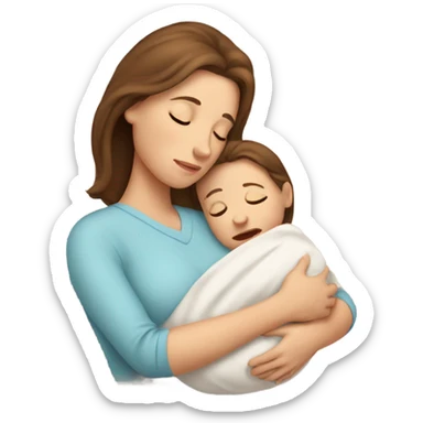  tired caucasian mother with brown hair holding newborn sticker
