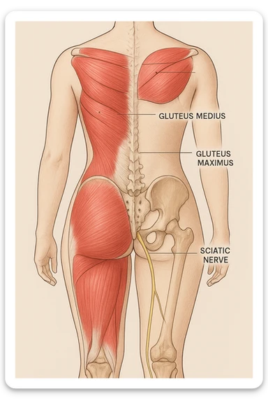 Anatomical view of the female gluteus with highlighted muscles, pelvic bones, and sciatic nerve, inspired by the reference photo. Medical style with a neutral background. sticker