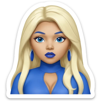 Lil Kim with long platinum blonde hair, blue lip and outfit sticker