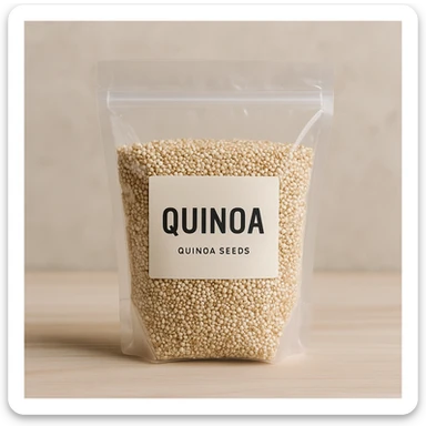 realistic photo of a transparent bag with quinoa seeds and visible label sticker