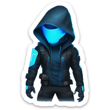 developer behind his laptop with this style : crysis Cyberpunk Valorant neon glowing bright blue character blue black hooded assassin themed character sticker