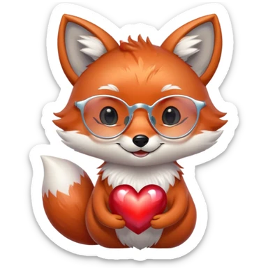 A dreamy fox with iridescent fur, a glowing tail, a silver star on its forehead, and round glasses, hugging a big red heart and smiling warmly sticker