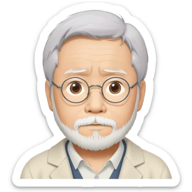 Cinematic Realistic Hayao Miyazaki Portrait Emoji, depicted as a visionary filmmaker with a gentle imaginative expression and artistic flair, rendered with delicate textures and soft enchanting lighting that captures his legendary storytelling. sticker