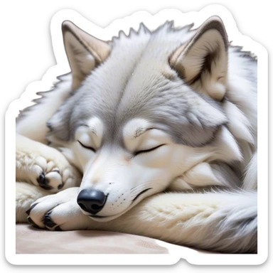 Meme-Worthy Cute Sleeping Wolf Portrait Emoji, Head resting peacefully with a contented smile, showcasing a robust build and a luxuriously soft grey and white Fur, eyes shut in a serene, restful nap, Simplified yet hilariously adorable features, highly detailed, glowing with a soft, drowsy light, high shine, relaxed and utterly lovable, stylized with an air of playful laziness, bright and heartwarming, soft glowing outline, capturing the essence of a comically sleepy wolf, so meme-worthy it feels like it could instantly become the next viral sensation of adorable slumber! sticker