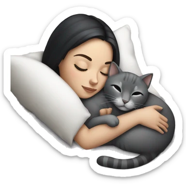 White Girl dark hair sleeping with grey cat sticker