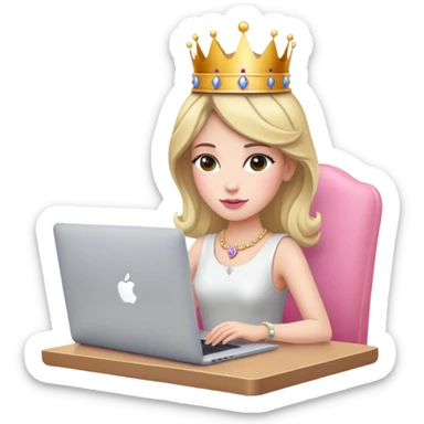 woman with crown on her head sat at the desk with MacBook and pink chair  sticker