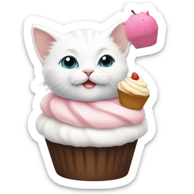 White kitten wearing a cupcake on its head  sticker