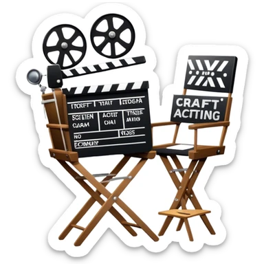 Icon for Acting: a theatrical mask, stage lights, a director’s chair, a script, a movie camera and a clapperboard, representing the craft of acting in theater and film. Famous actor-star. The design should reflect creativity, performance, and storytelling. Transparent background. sticker