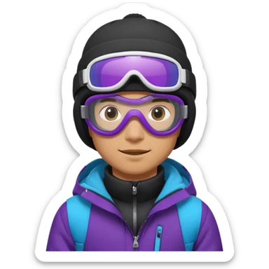 male Pro Snowboarder with white beanie, ONE pair of purple and blue frameless goggles and a black jacket sticker