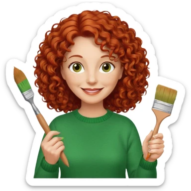 FEMME FRISÉ 60 ANS CHEVEUX ROUX FRISÉ SEMI LONG SOURIANTE AVEC CHANDAIL VERT YEUX BRUN ET UN PINCEAU À LA MAIN LA MAIN AVEC 5 DOIGT SEULEMENT  sticker