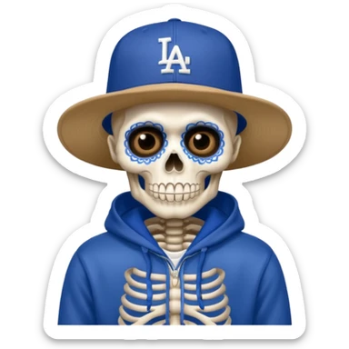 Esqueleto de día de muertos vistiendo una new era de los Dodgers y una hoodie azul  sticker