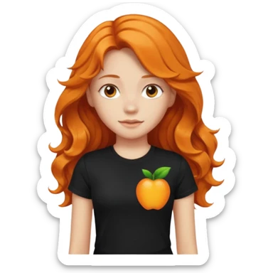 Girl with long orange wavy hair and black t-shirt with cutout sticker