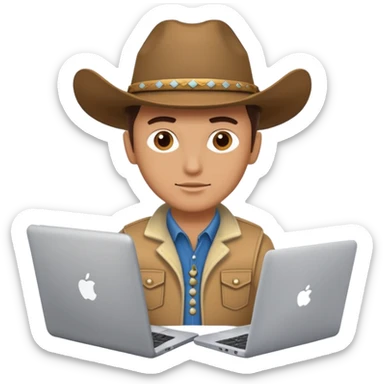 cowboy coder with a laptop infront and he is white sticker