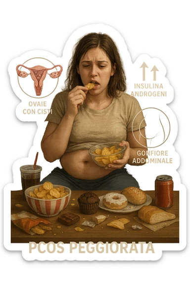 Donna tra i 25 e i 35 anni seduta sul divano o a un tavolo disordinato, circondata da cibi sparsi e poco sani: patatine, dolci, pane bianco, snack confezionati, bibite. Mangiando di fretta, ha un’espressione stanca e frustrata. Intorno a lei, in trasparenza o come illustrazione simbolica, si vedono gli effetti della PCOS peggiorata: ovaie con cisti multiple, squilibrio ormonale (↑ insulina, ↑ androgeni), gonfiore addominale. Sullo sfondo, orologio che corre o caos visivo che comunica disorganizzazione alimentare. Colori spenti e atmosfera stanca. Stile realistico con elementi simbolici e informativi. in italiano sticker
