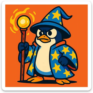 a heroic penguin wizard with a starry robe and staff, looking determined, in a bold, graphic style, colorful cartoon sticker