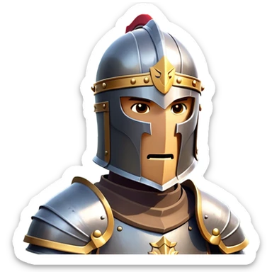 clash-of-clans-aesthetic_-cinematic-fearsome-and-majestic-knight-bust-portrait-emoji, rendered in a flat, vector-style with minimal shading and bold, simplified shapes, depicting a battle-ready medieval knight with steely eyes and intricate armor, mounted on a warhorse reflecting sunlight over a misty battlefield. sticker