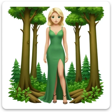 Queen, crown, blonde hair, green eyes, long green tight dress, decoltee,  Leg slit, whole Body, Background forest  sticker