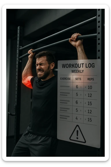 a man in gym attire performs pull-ups on a bar, with his elbows highlighted in bright red to indicate inflammation. A digital overlay shows a weekly training log with high numbers of sets and reps, and a warning icon appears next to the log. The man’s face shows pain and fatigue. The background is a modern gym, emphasizing the link between excessive training volume and injury. scritto in italiano sticker