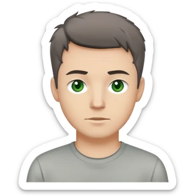 white man with dark messy short hair, dark green eyes, wearing a gray t-shirt sticker