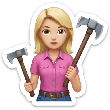 lumberjack blonde woman holding axe pink shirt sticker