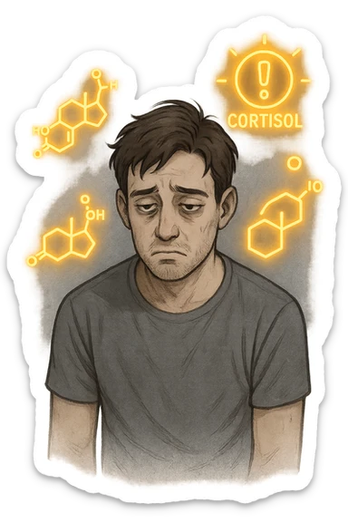 realistic and symbolic representation of elevated cortisol, human figure with symptoms of stress and fatigue, graphic elements representing cortisol hormone, no background, 2:3 aspect ratio sticker